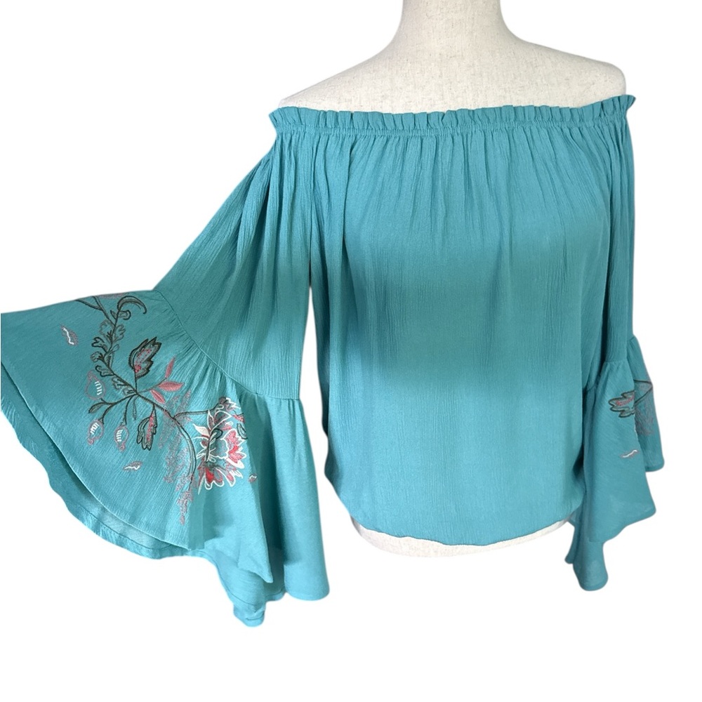 Soho New York Co Teal Off-Shoulder Blouse with Embroidered flounce Sleeves - Picture 2 of 3